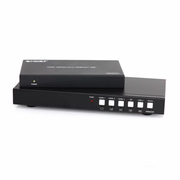 5 x 2 Seamless Presentation Switcher with HDMI and HDBT Out. PIP and Autoswitch functions. Includes RX