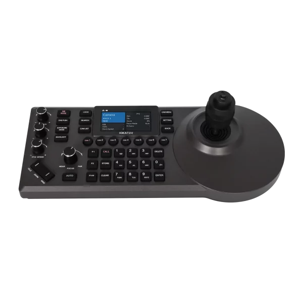 PTZ Camera Controller with 3-inch colour LCD - real time preview (NDI HX2 and RTSP only), 4D Joystick, 3D Knobs, Zoom Button, Compatible with NDI, VISCA, Onvif, PELCO P/D - Ergonomic Design with Customizable Buttons.